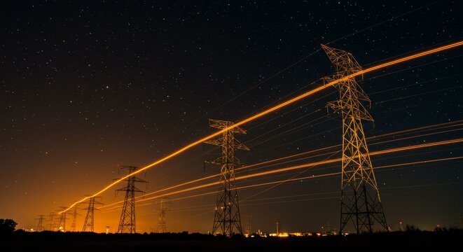 High-voltage power lines with glowing light trails of data under a starry sky - Powered by Adobe