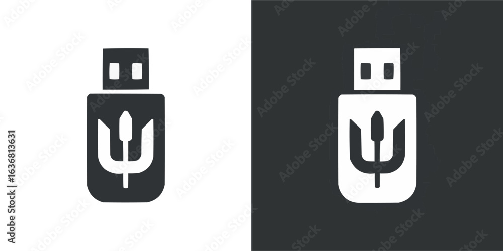 Poster usb drive icon with trident symbol in black and white minimalistic design for technology concepts an