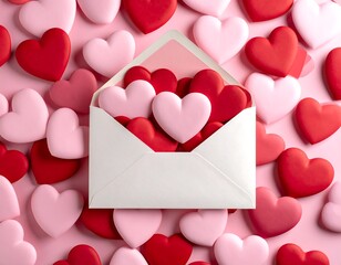 White envelope filled with pink & red hearts on a pink background