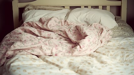 Messy bed with floral bedding.