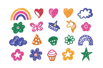 Whimsical Doodle Collection: A charming assortment of hand-drawn illustrations, featuring rainbows, hearts, and stars, adding a touch of playful joy and creativity. 