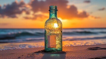 Cracked Purple Green Glass Bottle on Sunset Beach with Empty Paper Inside, Ocean Waves Silhouette and Sand for Environmental Story Concept