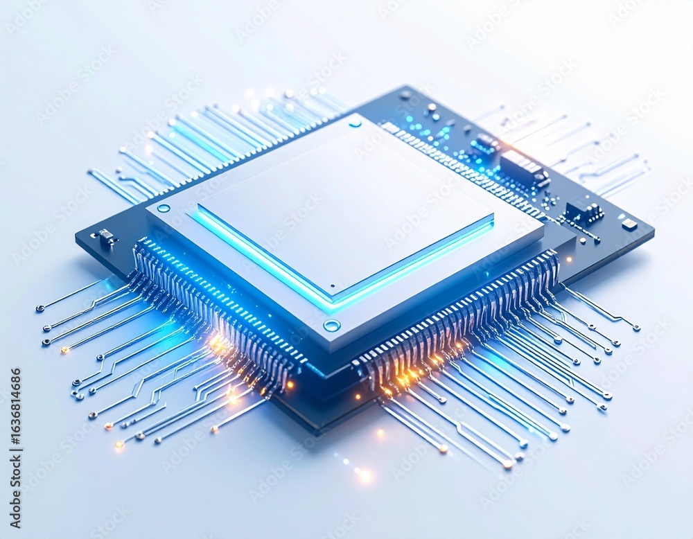 Poster a highly detailed, futuristic computer processor chip with glowing blue and orange lights, showcasin