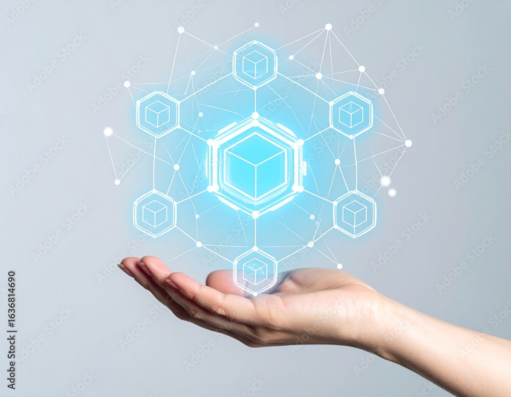 Fototapete a human hand holds a glowing blue holographic representation of a blockchain network with interconne