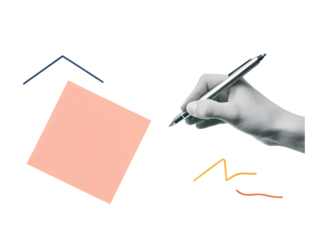 Black and white hand signs on a document. Modern collage style. Illustration on transparent background