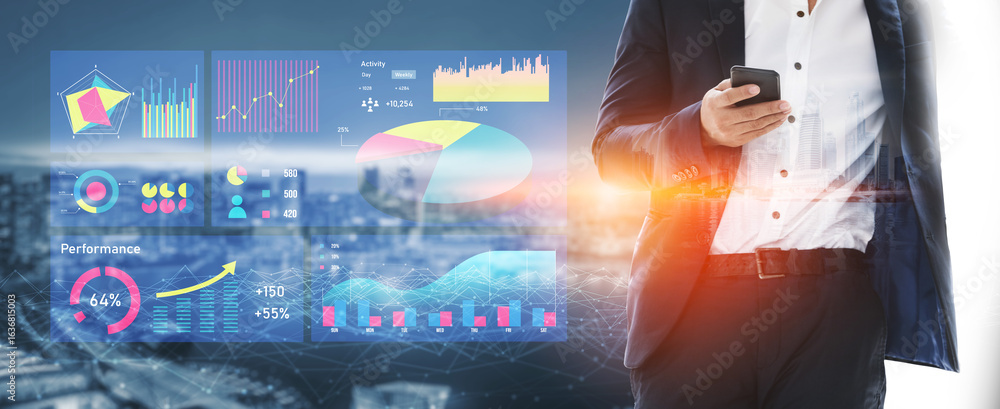 Poster A business professional stands in a modern urban setting, engaged with a smartphone while digital graphs and statistics display growth trends and performance metrics. Impute