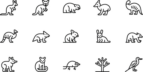 Fototapeta premium Collection of australian marsupial and native animal icons in a simple line art style
