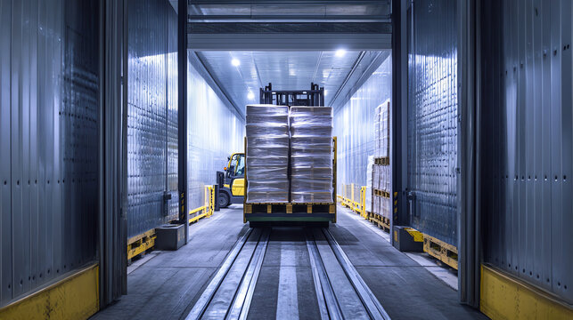Forklift moving stacked pallets of sealed produce into refrigerated truck bay