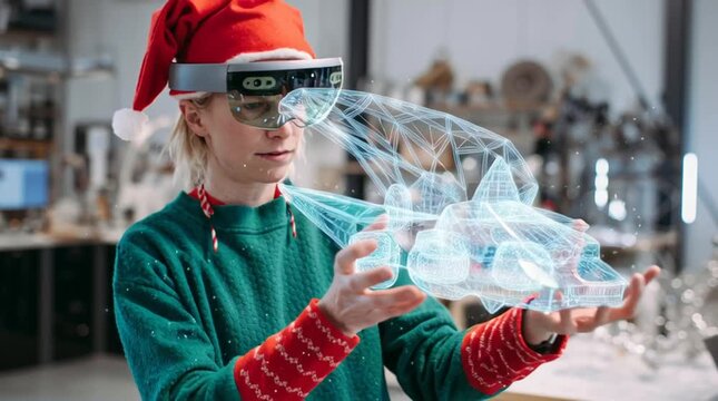 Christmas elf in a clean, modern workshop assembles a floating 3D holographic model of a futuristic toy using augmented reality glasses, blending holiday magic with advanced technology.
