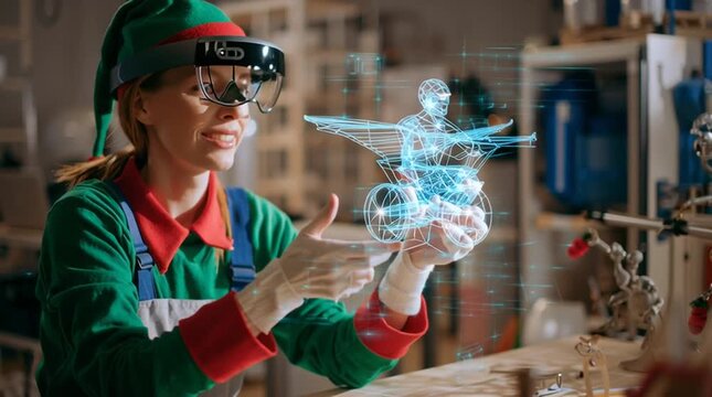 Christmas elf in a clean, modern workshop assembles a floating 3D holographic model of a futuristic toy using augmented reality glasses, blending holiday magic with advanced technology.
