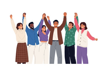 Obraz premium Diverse group of people with raised hands celebrating success and unity, isolated on white background