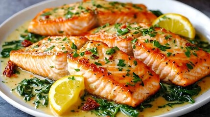 Pan-seared salmon fillets with spinach and lemon sauce.