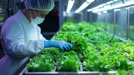 Staff inspecting fresh lettuce under LED lighting, hightech vegetable sorting facility