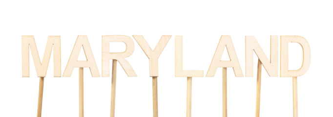 Wooden sign with the word Maryland, handcrafted design on a neutral background, ideal for educational decoration, digital design, or use in patriotic themed projects. States of the United States