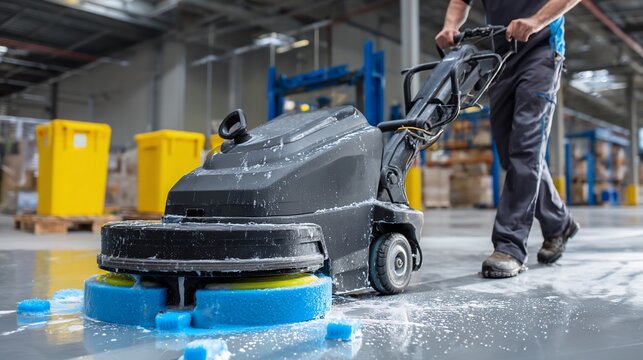Worker cleans warehouse floor with industrial scrubber in large facility