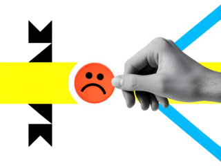 User experience - the hand chooses the sad red emoji. Service rating. Illustration on transparent background in a modern collage style