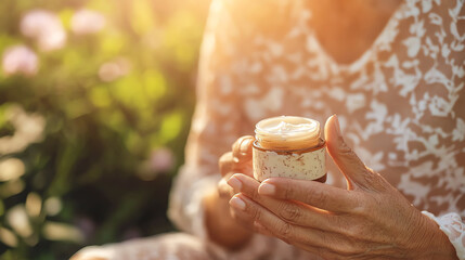 Woman applying herbal cream on psoriasis patch, skincare treatment for chronic skin conditions