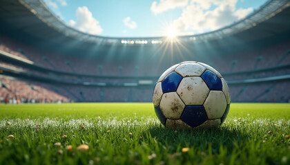Fototapeta premium Soccer ball on grassy field in stadium under bright blue sky 