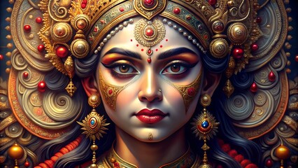 Intricate portrait of a woman adorned with elaborate indian jewelry and makeup