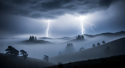 Lightning strikes over misty hills and trees during a stormy night with dark cloudy sky above ai generated