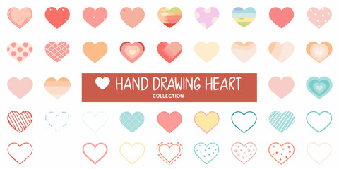 Collection of hand drawn hearts in various styles and colors