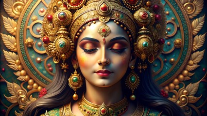 Serene indian goddess adorned in ornate gold jewelry and headdress