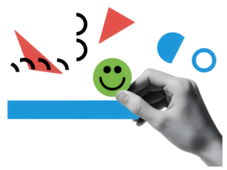 User experience - the hand chooses the smiling green emoji. Service rating. Illustration on transparent background in a modern collage style