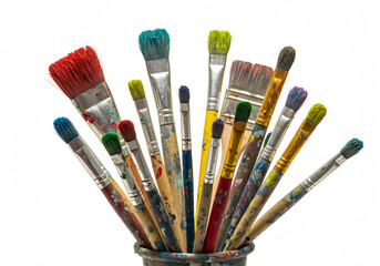 Fototapeta premium Collection of Used Artist Paint Brushes in a Jar on White Background