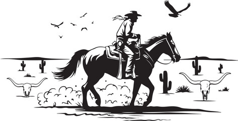 Western Cowboy on Horseback in Desert Landscape, Vector Illustration 21.eps