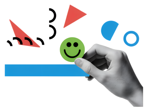 User experience - the hand chooses the smiling green emoji. Service rating. Illustration on transparent background in a modern collage style - Powered by Adobe