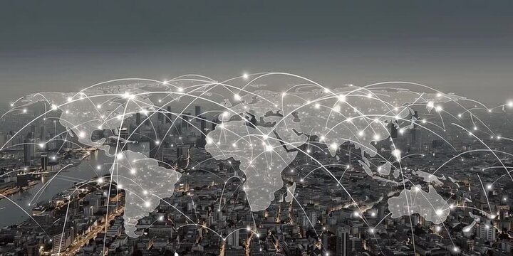 A world map with interconnected nodes representing global network connections, set against an urban skyline background Generative AI