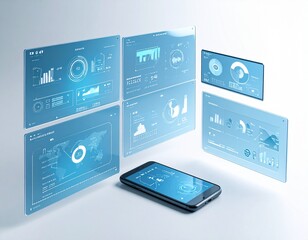 A smartphone surrounded by floating, transparent, futuristic user interface screens displaying data analytics, charts, and graphs.