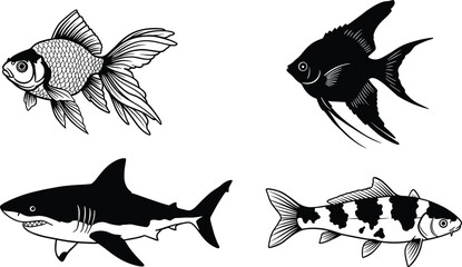 Fish vector illustration set, goldfish, angelfish, shark, koi, marine animals, aquatic life art, ocean wildlife drawing, freshwater fish design