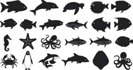 Silhouette collection of various sea animals and fish including dolphin, turtle, octopus, seahorse, and crab, isolated black vector illustration for ocean design projects