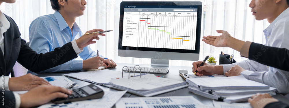 Poster business intelligence and data analysis concept. analyst team working on financial data analysis das