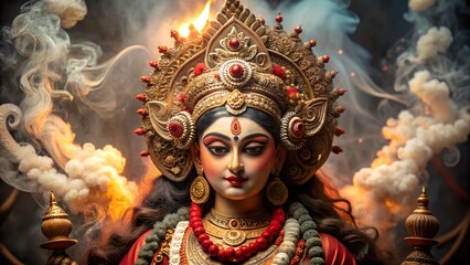 Majestic hindu goddess durga adorned in ornate headdress and jewelry amidst smoky flames