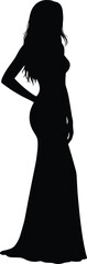Fototapeta premium Elegant silhouette of woman in long evening gown standing in side pose, isolated black vector illustration for fashion and creative design projects