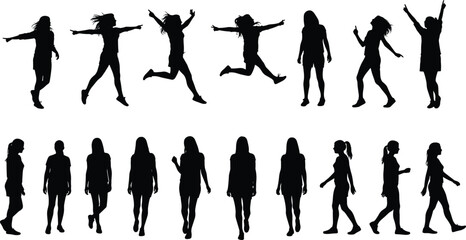 Fototapeta premium Silhouette of women in various walking, running, and jumping poses, isolated black vector illustration for design, art, and presentation projects