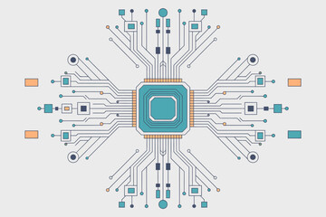 Abstract illustration of a microchip circuit board design with connecting lines and geometric shapes representing technology and innovation