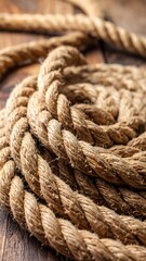 Close-up of coiled nautical rope on wood