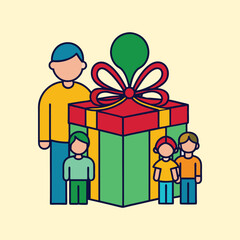 Father and children surrounding a large gift box decorated with a bow