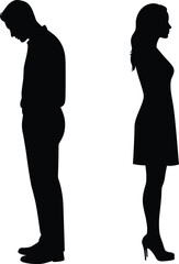 Sad man and woman silhouette standing apart, concept of relationship breakup, emotional distance, couple disagreement vector illustration isolated