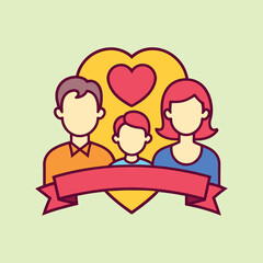 Illustration of a family with a heart shaped background and ribbon
