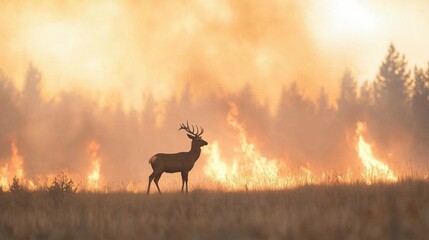 Deer on a background of burning forest