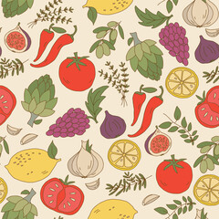 Seamless Pattern of Mediterranean Food Ingredients