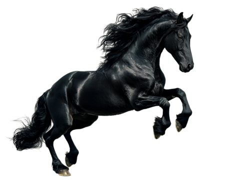  Black horse in mid jump over invisible obstacle isolated on a transparent background