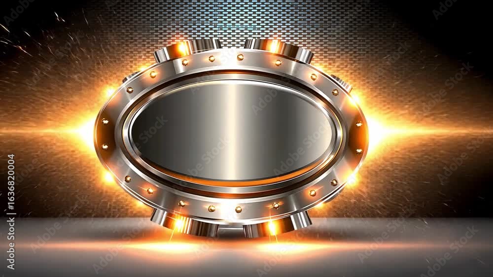 Poster futuristic metallic interface with shiny circular design and glowing accents suitable for technology