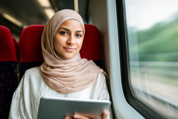 Young Muslim woman in a hijab using a digital tablet while traveling by train