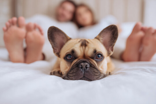 Cute French Bulldog dog relaxing on a bed between a couple's feet in a cozy bedroom