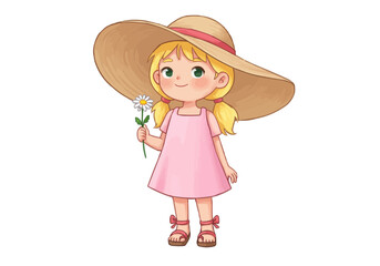 Illustration of a girl in a pink dress holding a daisy and wearing a sun hat for summer days out on transparent background